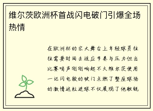 维尔茨欧洲杯首战闪电破门引爆全场热情